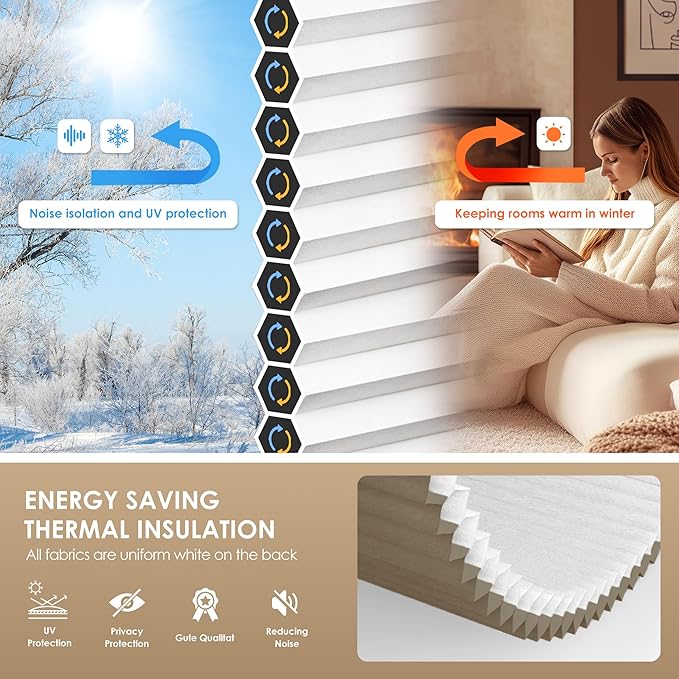 LazBlinds No Tools No Drill Cordless Cellular Shades, Light Filtering Honeycomb Shades for Home, Thermal Insulation Blinds for Windows, 32" W x 64" H, Taupe