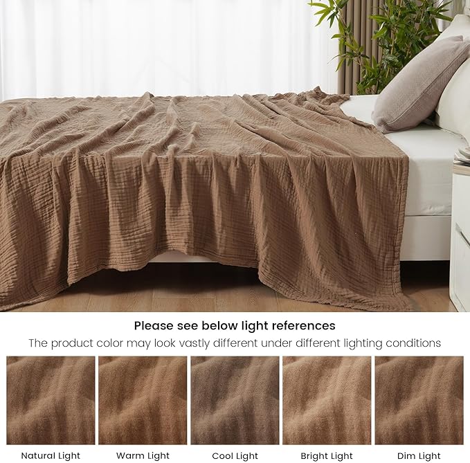 PHF Cooling Muslin King Blanket for Hot Sleepers, 60% Rayon Derived from Bamboo, 40% Cotton for Summer, 4-Layer Breathable Gauze Blanket for Bed Couch, 108"x90", Brown