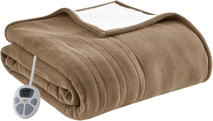 Serta Reversible Fleece to Sherpa Electric Blanket, Fast Heating, Auto Shut Off Timer, Multi Heat Setting, ETL Certified, Machine Washable, Stone Brown Queen 90"x 84"