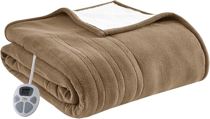 Serta Reversible Fleece to Sherpa Electric Blanket, Fast Heating, Auto Shut Off Timer, Multi Heat Setting, ETL Certified, Machine Washable, Stone Brown Full 84"x 77"