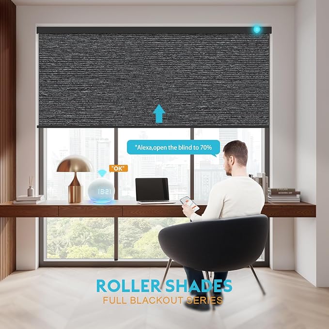 Motorized Blinds with Remote, Smart Blind Roller Shades Compatible with Alexa, Durable Rechargeable Battery Solar Power Electric Window Blinds Motorized Shades Customized Size (Luxury-Black)