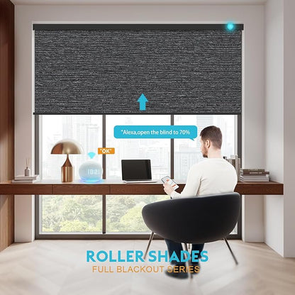 Motorized Blinds with Remote, Smart Blind Roller Shades Compatible with Alexa, Durable Rechargeable Battery Solar Power Electric Window Blinds Motorized Shades Customized Size (Luxury-Black)