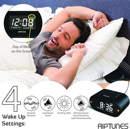Riptunes Loud Alarm Clock with Bed Shaker for Heavy Sleepers & Hearing Impaired - Dual Alarm for Bedroom Weekday and Weekend Settings USB Charging, Dimmer, Snooze (Black)