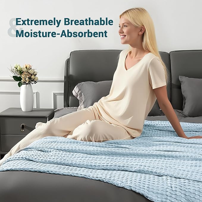 Aganear Waffle Blanket - Lightweight Breathable Summer Blanket of 50% Cotton and 50% Rayon Derived from Bamboo for Hot Sleepers Luxury Throws for Bed, Couch and Sofa,Blue,90x90 Inches