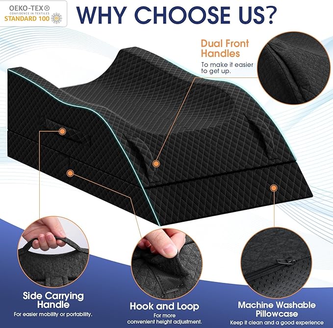 Leg Pillow, Leg Elevation Pillow with Pad and Memory Foam, Height Adjustable Bolster Pillow for Legs, Leg Pillow Elevation Blood Circulation, for Post-Surgery, Black