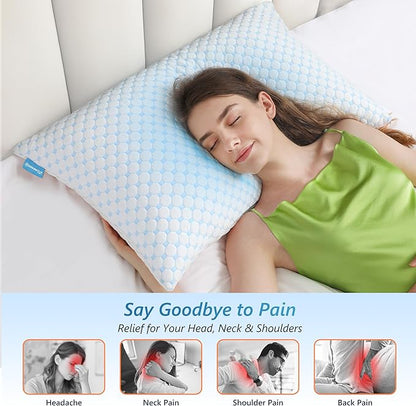 Cooling Firm Bed Pillows Set of 2, Shredded Memory Foam Pillows for Sleeping Luxury Gel Pillows for Side Back Stomach Sleepers with Removable Washable Cover(Blue, Standard)