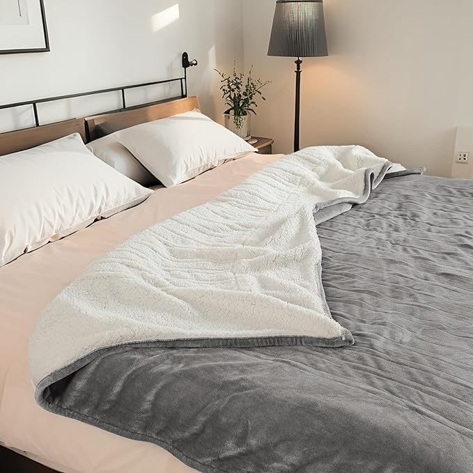 Electric Heated Blanket King Size 90"x100" - Dual-Sided with Microplush & Sherpa Fabric, 4 Heat Settings & 10 Hours Auto Off, Machine Washable - Light Gray