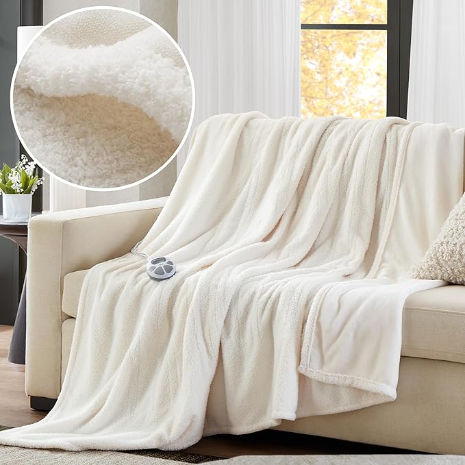 Serta Heated Blanket, Electric Twin Size Blanket, Soft, Warm, Fuzzy Heating Blanket Twin for Office, Couch, 1-12 hr Auto Shut Off Timer, 10 Lv Heat Setting, ETL Certified, Twin 62" x 84" Ivory