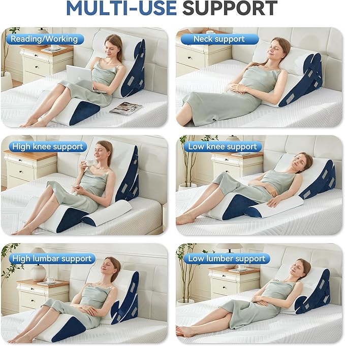 BDEUS 4PCS Orthopedic Bed Wedge Pillow Set for Sleeping, Post Surgery Foam Support Pillows for Back, Neck and Leg Pain Relief, Adjustable Triangle Pillow – Acid Reflux, GERD & Snoring Recovery
