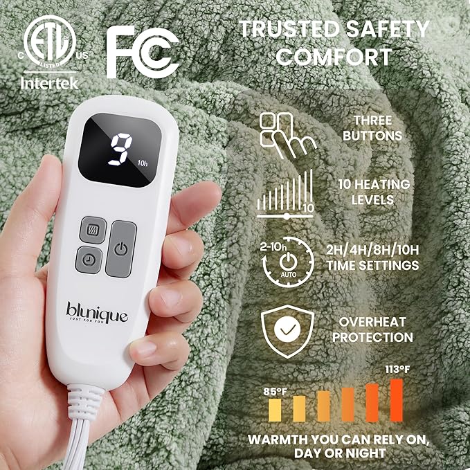 Heated Blanket Electric Blanket Twin - Fast Heating Blanket Throw Double Sided Sherpa Ultra Soft Cozy with 10 Heating Levels & 2-10 Hours Auto Off, Mashine Washable, 62 x 84 Inches, Sage