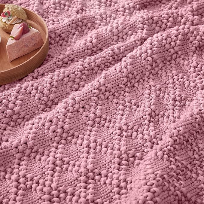 Knitted Weighted Blanket for Adult, Chunky Knit Weighted Throw for Sleep 60"*80" 17lbs, Cooling Breathable Machine Washable Heavy Blanket for Room Decor (Pink, Queen)