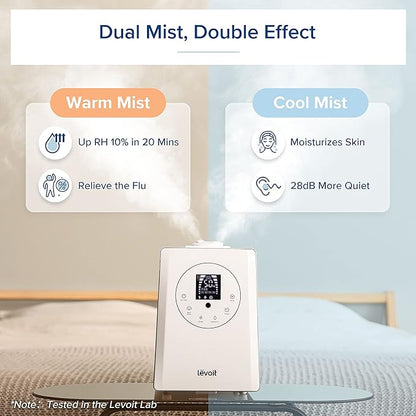 LEVOIT Humidifiers for Bedroom Large Room Home, 6L Warm and Cool Mist Ultrasonic Air Vaporizer for Plants and Whole House, Built-in Humidity Sensor, Essential Oil Diffuser, Whisper Quiet, Timer, White