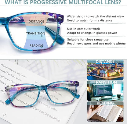 CLASAGA Progressive Multifocus Reading Glasses for Women, Pattern Print Blue Light Block Stylish Ladies Computer Readers