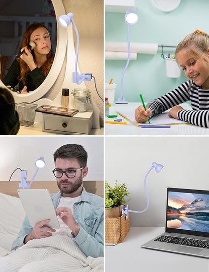 Clip on Lamp USB Reading Light, 3 Color Modes, 10 Brightness Dimmable, Flexible Gooseneck Desk Lamp with Clamp, Eye Care Clip on Light for Bed Headboard Desk Home Dorm Purple
