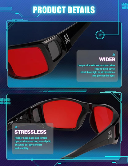 TIJN Sonia Sleep Glasses for Blue & Green Light Blocking,Red Lens with Dual AR Coating,Wraparound Frame for Gaming Screen