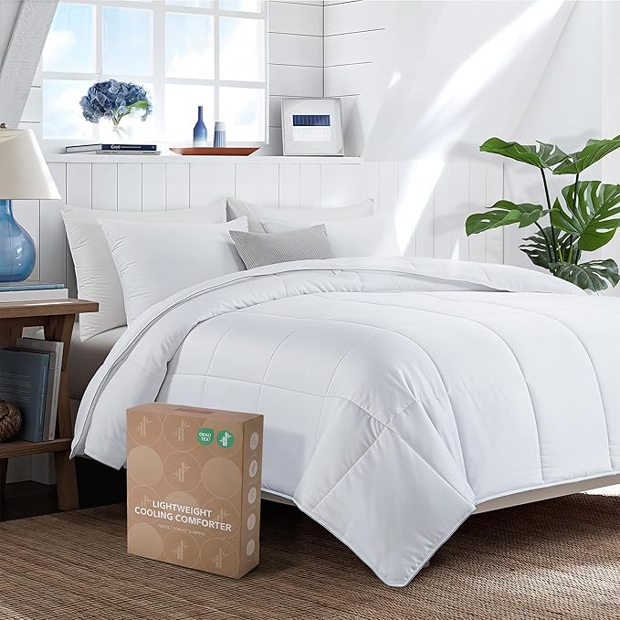 HOMBYS Lightweight Cooling Comforter Queen Size,100% Viscose Derived from Bamboo Shell Down Alternative Duvet Insert,White Soft All Season Comforter for Hot Sleepers,8 Corner Tabs