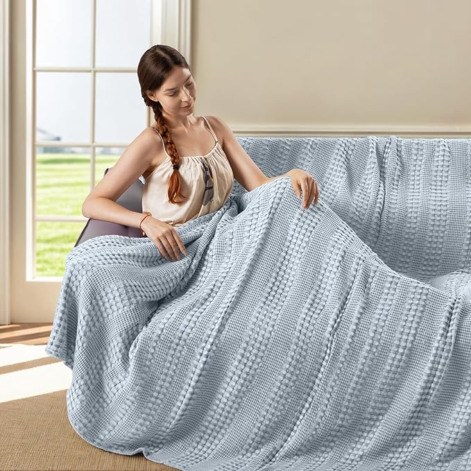 Cooling Waffle Weave Blanket Twin Size for Bed Sofa - Soft Lightweight Bed Blankets of 50% Rayon Derived from Bamboo for Hot Sleepers, Breathable Throw for Summer, Light Blue, 60"x80"