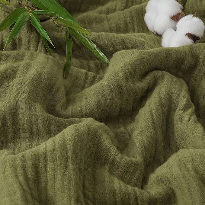 PHF Cooling Muslin Throw Blanket for Hot Sleepers, 60% Viscose from Bamboo, 40% Cotton and 4-Layer Breathable Gauze Blanket for Bed Couch, 50"x60", Olive Green