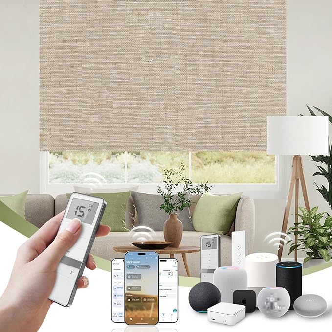 FineTell Motorized Blinds with Remote, 100% Blackout Roller Shades Compatible with Alexa,Apple Homekit,Google Home APP and Voice Control, Customized Electric Blinds (100% Blackout Linen Caramel)