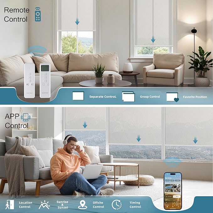 Motorized Blinds Compatible with Alexa,Google Asssitant,Homekit Over Thead,5% Openness Solar Shades for Window, Smart Shades with Remote, APP/Voice Control,Custom Size,Aventus White Linen