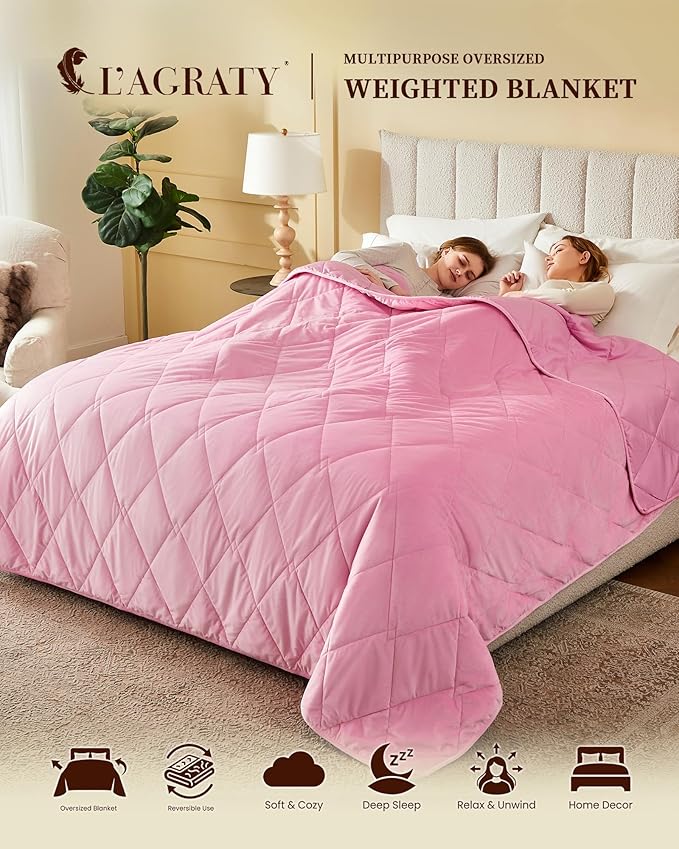L'AGRATY King Size Weighted Blanket for Adults 45lbs, 88"x104" — Cooling Breathable Heavy Blanket with Glass Beads for Sleeping Perfect for Hot Sleepers & Couples Machine Washable All-Season Pink