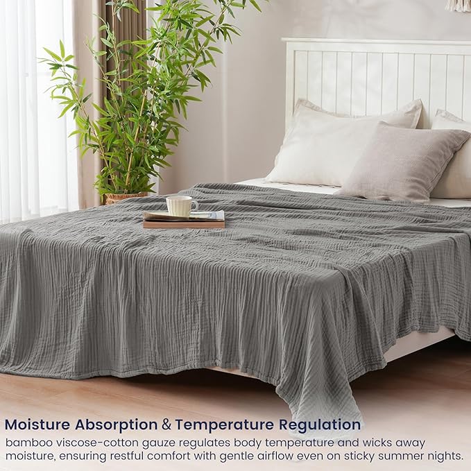 PHF Cooling Muslin Queen Blanket for Hot Sleepers, 60% Rayon Derived from Bamboo, 40% Cotton for Summer, 4-Layer Breathable Gauze Blanket for Bed Couch, 90"x90", Grey