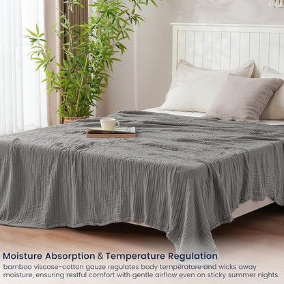 PHF Cooling Muslin Queen Blanket for Hot Sleepers, 60% Rayon Derived from Bamboo, 40% Cotton for Summer, 4-Layer Breathable Gauze Blanket for Bed Couch, 90"x90", Grey