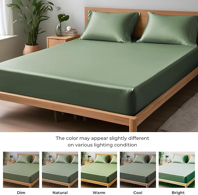 LINENWALAS Fitted Sheet Only Viscose Derived from Bamboo, Bottom Sheet for Twin Size Bed – 16” Deep Pocket, All Around Snug Fit – Cooling, Breathable, Soft, Hypoallergenic (Avocado Green, Twin)
