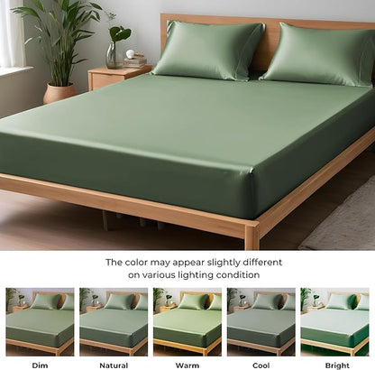LINENWALAS Fitted Sheet Only Viscose Derived from Bamboo, Bottom Sheet for King Size Bed – 16” Deep Pocket, All Around Snug Fit – Cooling, Breathable, Soft, Hypoallergenic (Avocado Green, King)