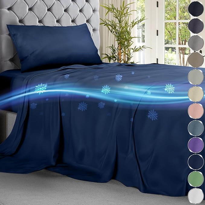 DECOLURE Cooling Bed Sheets Twin Set 3pcs - Luxurious & Ultra-Soft Twin Size Cooling Sheets for Hot Sleepers - Comfortable Cool Bamboo Viscose Microfiber Sheets Twin Size w/Deep Pockets (Navy)