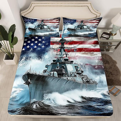 3D Warship Kids Fitted Sheet Full Size,Navy Army Combat Ship Ocean Waves Bedding Set,Boys Men Room Decor,American Flag Geometric Stripes Bed Cover,Blue Grey Bed Sheet,2 Pillowcases(No Top Sheet)