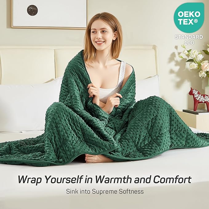 Weighted Blanket for Adults Queen Size 15 lbs, Soft Minky Dot Cozy Heavy Blanket for Sleep, Reversible Breathable Warm Blanket with Glass Beads, Dark Green 60 x 80 inches
