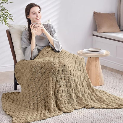 Knitted Weighted Blanket for Adult, No Beads Heavy Blanket 48” x 72'' 12lbs, Breathable Chunky Knit Blanket, Cooling Weighted Blanket for Hot Sleepers, Christmas Home Decor (Camel)