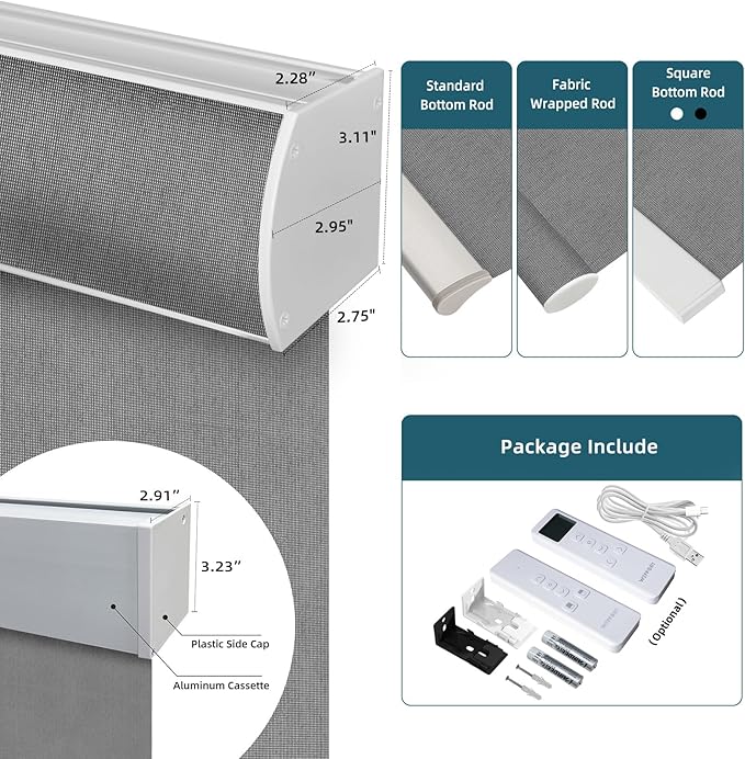 Motorized Light Filtering Roll Shades Work with HomeKit, 50% Blackout Smart Blinds for Windows, Electric Blinds with Remote,APP/Voice Control,Sunscreen PVC Free Charcoal