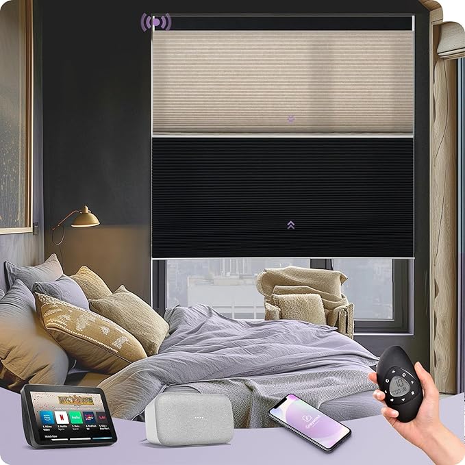Graywind Motorized Day Night Cellular Shades with Remote, Smart Honeycomb Blinds Compatible with Alexa & Google Home, Custom Size Blackout/Privacy for Bedroom, Living Room & Home Office, Custom Fabric