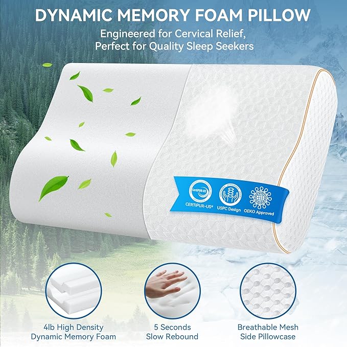 Sandwich Memory Foam Pillow for Sleeping - Ergonomic Cervical Cooling Pillows Queen Size 1 Pack (Soft)