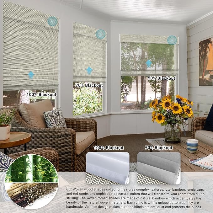 SmartWings Motorized Natural Woven Wood Shades for Windows, Electric Roman Shades with Remote for Sliding Doors, Work with Matter Homekit Zigbee Alexa Z-Wave Google Home, Customized, Bamboo 721