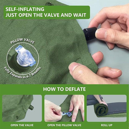 Double Camping Sleeping Pad with Pillow, 2" Memory Foam Camping Mattress 2 Person, 5R Insulated Self Inflating Camping Pad, Air Mattress Inflatable Sleeping Mat for Tent, Backpacking, Hiking (Green)