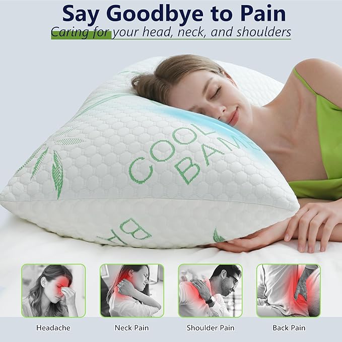 Shredded Memory Foam Pillows, Cooling Pillows Standard Size Set of 2 Adjustable Firm Bamboo Bed Pillows for Hot, Side, Back and Stomach Sleepers
