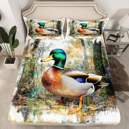 Mallard Duck Kids Fitted Sheet Twin Size,Tie-dye Graffiti Jungle Rustic Bedding Set,Boys Girls Room Decor,Hunting Animal Lake House Fishing Bed Cover,Green Bed Sheet,1 Pillowcase(No Top Sheet)