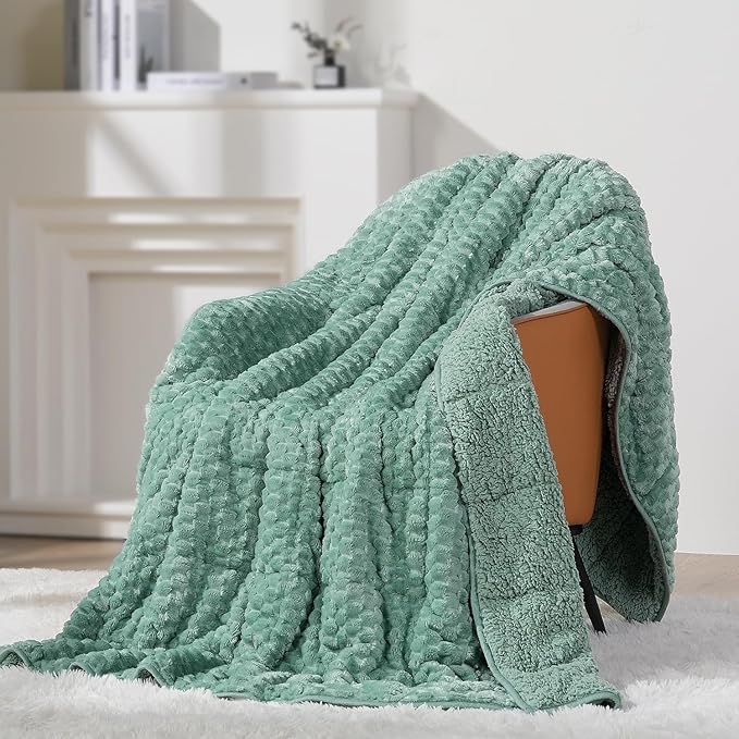 Super Soft Luxury Fleece Sherpa 20 lbs Weighted Blanket for Adults, Turtle Shell Fluffy Cozy Warm Weighted Throw for Winter, Ceramic Beads Washable Heavy Blankets for Couch Bed, Sage Green, 60" x 80"