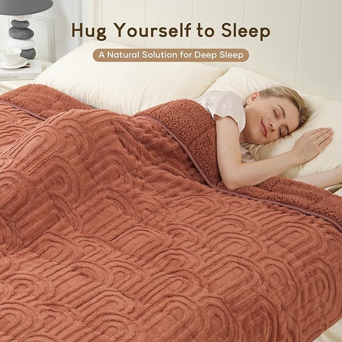 Cottonblue Jacquard Weighted Blanket for Adults 15 lbs Twin Size, Cozy Fluffy Sherpa Fleece Weighted Throw Blankets 48" x 72" for Sleep Relax, Fuzzy Warm Arch Heavy Blanket for Bed Couch, Rust Pink