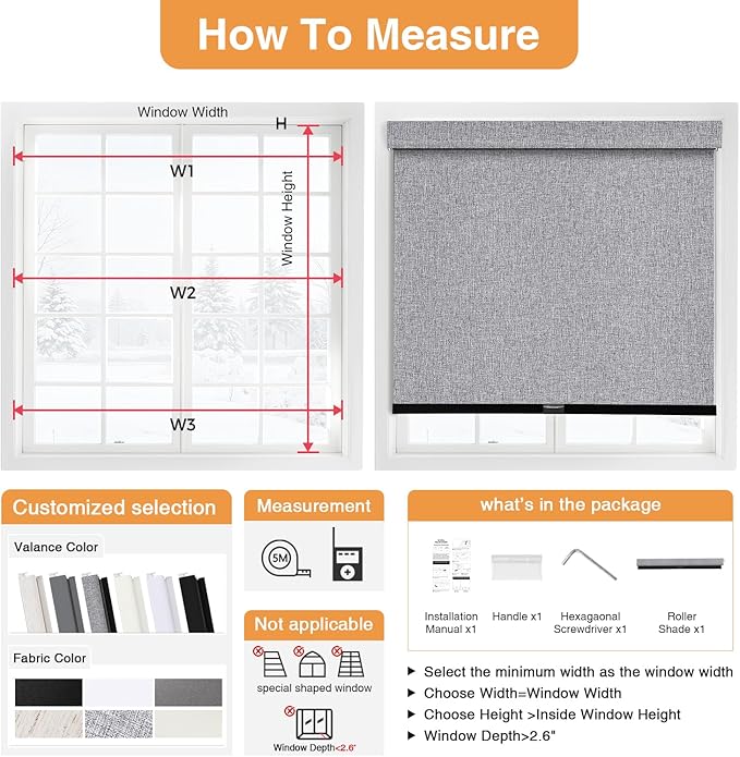AOSKY No Drill Cordless Blackout Roller Shades with Valance,Customize Blinds for Indoor Windows,Room Darkening Window Shades Pull Down with Free-Stop Spring System, UV Protection for Home Heather Grey