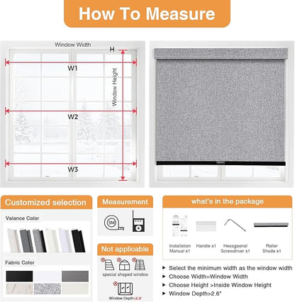AOSKY No Drill Cordless Blackout Roller Shades with Valance,Customize Blinds for Indoor Windows,Room Darkening Window Shades Pull Down with Free-Stop Spring System, UV Protection for Home Heather Grey