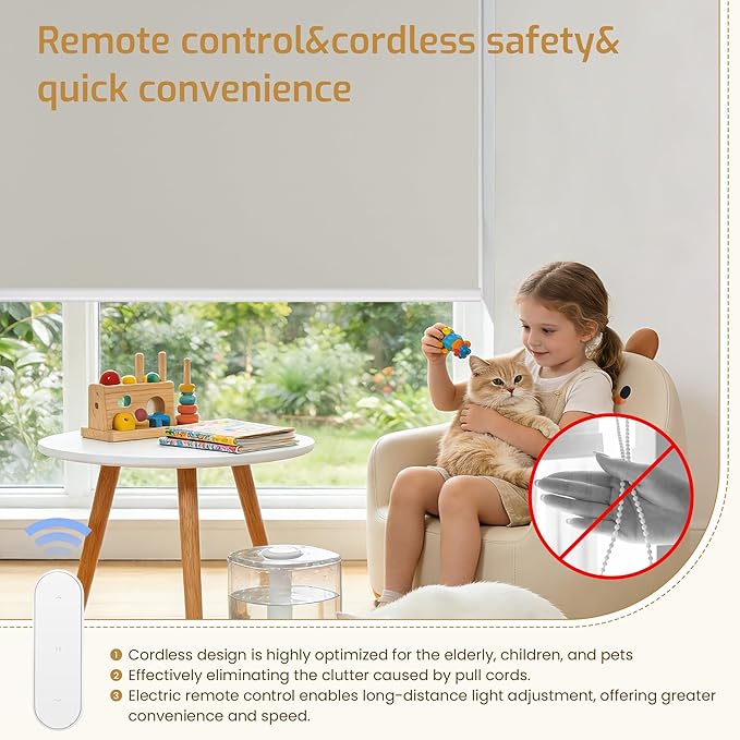 Grandekor Motorized Blinds with Remote Control, Blackout Roller Shade Electric Shades Cordless Smart Blinds for Bedroom Living Room Office,Beige,W48xH72