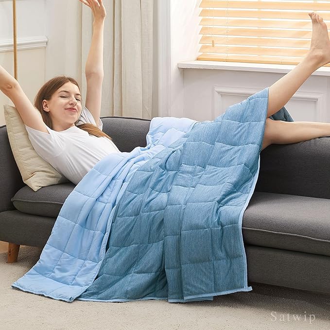 Satwip Weighted Blanket 10 pounds Twin Size, Cooling Weighted Blanket for Hot Sleepers, Cool Moire Jersey with Soft Breathable Sanded, 48 x 72 inches 10 Pounds, Blue