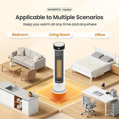 MORENTO Space Heater for Indoor Use, 1500W Ceramic Fast Heat, Electric Space Heater for Large Room with Remote, Thermostat, Digital Display, 5 Modes, 12H Timer, 70° Oscillation, 23dB White 1 Pack
