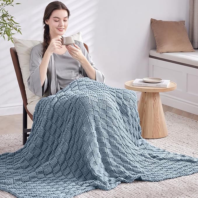 Knitted Weighted Blanket for Adult, No Beads Heavy Blanket 60” x 80'' 10lbs, Breathable Chunky Knit Blanket, Cooling Weighted Blanket for Hot Sleepers, Christmas Home Decor (Light Blue)