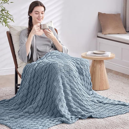 Knitted Weighted Blanket for Adult, No Beads Heavy Blanket 60” x 80'' 12lbs, Breathable Chunky Knit Blanket, Cooling Weighted Blanket for Hot Sleepers, Christmas Home Decor (Light Blue)