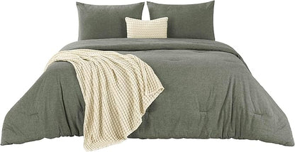 Bedsure 5 PCS Cotton Comforter Set with Cotton Waffle Throw Blanket - Olive Green Comforter King Size, Pillow Shams, Beige Cooling Blanket of Rayon Derived from Bamboo for Hot Sleepers, Throw Pillow